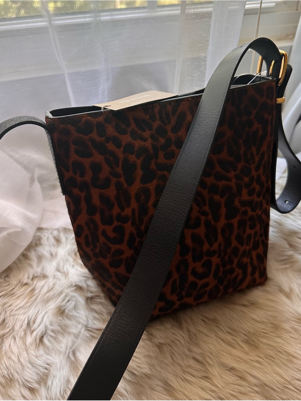 Madewell- Leather Leopard Print Crossbody Bag with Black Strap